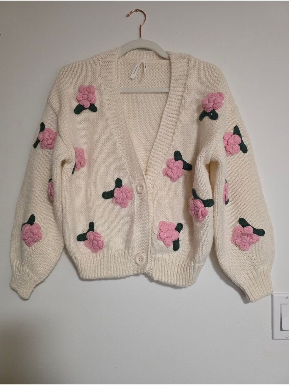Dreamers by Debut 3D Floral Chunky Knit Cardigan Sweater Cream Pink Size XSmall - Picture 2 of 12